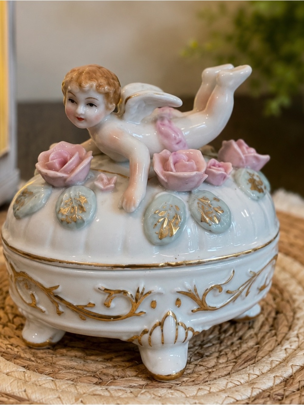 Porcelain Cherub Trinket Box with White and Pink Accents
